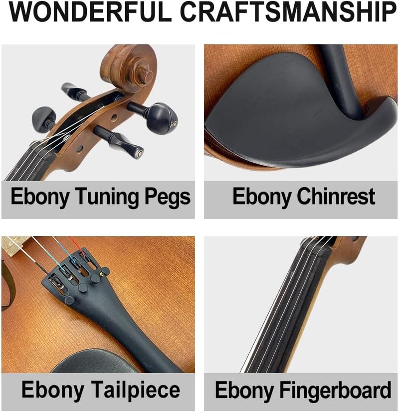 ModouString 15 inch Viola with Spruce Top, Maple Back, Ebony Fittings,Bow,Case Acoustic Viola 4 String for Students & Adults Soild Wood - Image 3